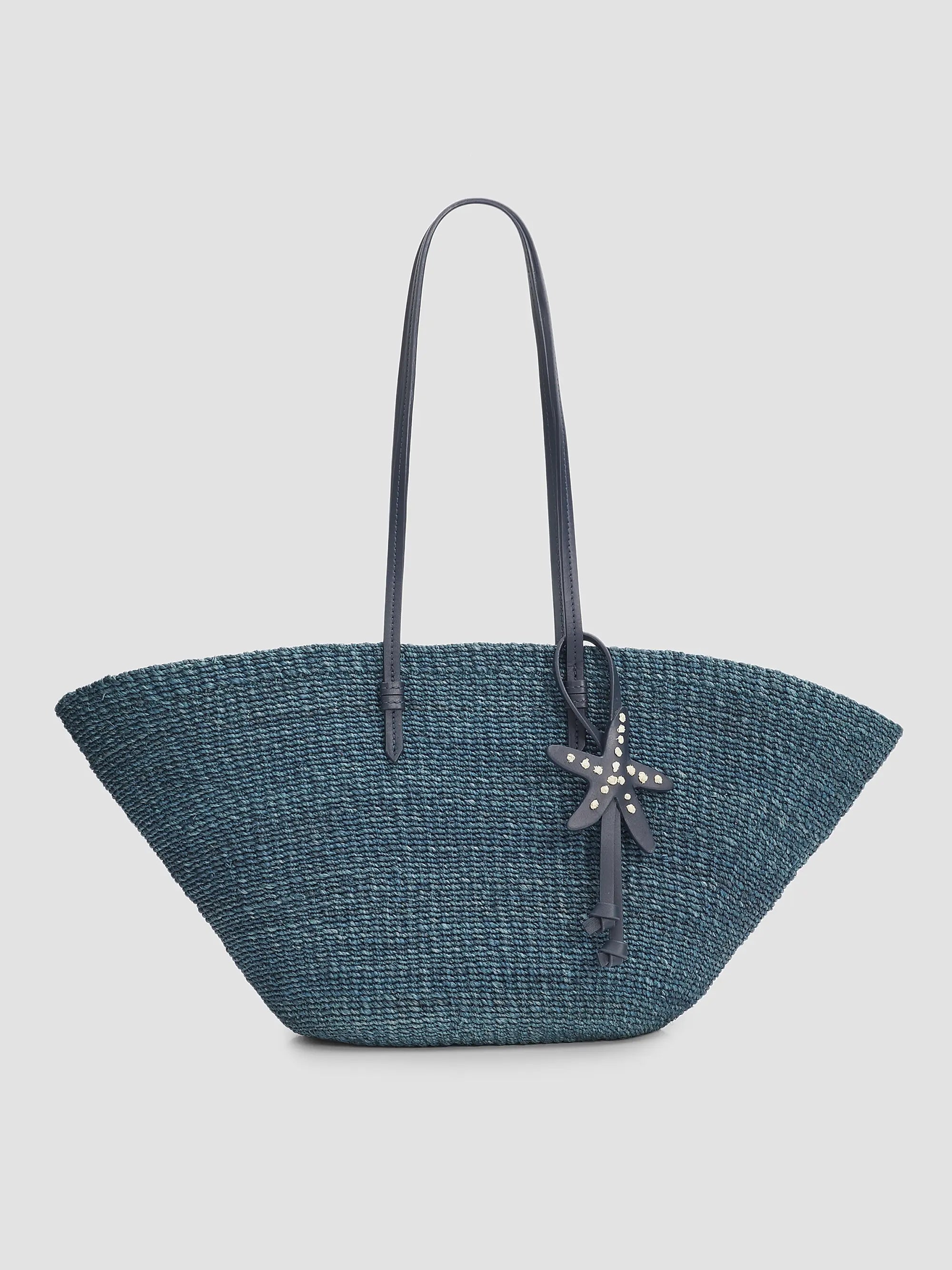 Deep Teal Woven Beach Tote Bag with Slim Leather Straps & Starfish Leather Charm