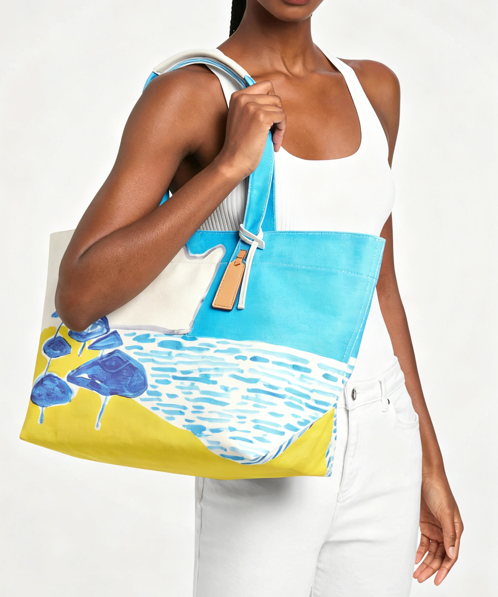 Landscape Print Large Capacity Beach Tote Bag with Two-Tone Shoulder Straps