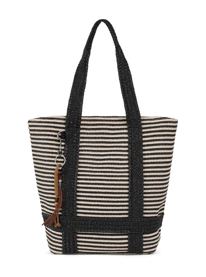 Stripe Multi-Pocket Daily Carry Tote Bag with Wide Shoulder Straps & Detachable Leather Tassel