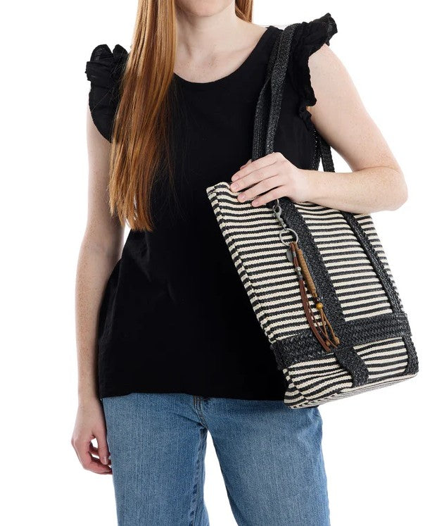 Stripe Multi-Pocket Daily Carry Tote Bag with Wide Shoulder Straps & Detachable Leather Tassel