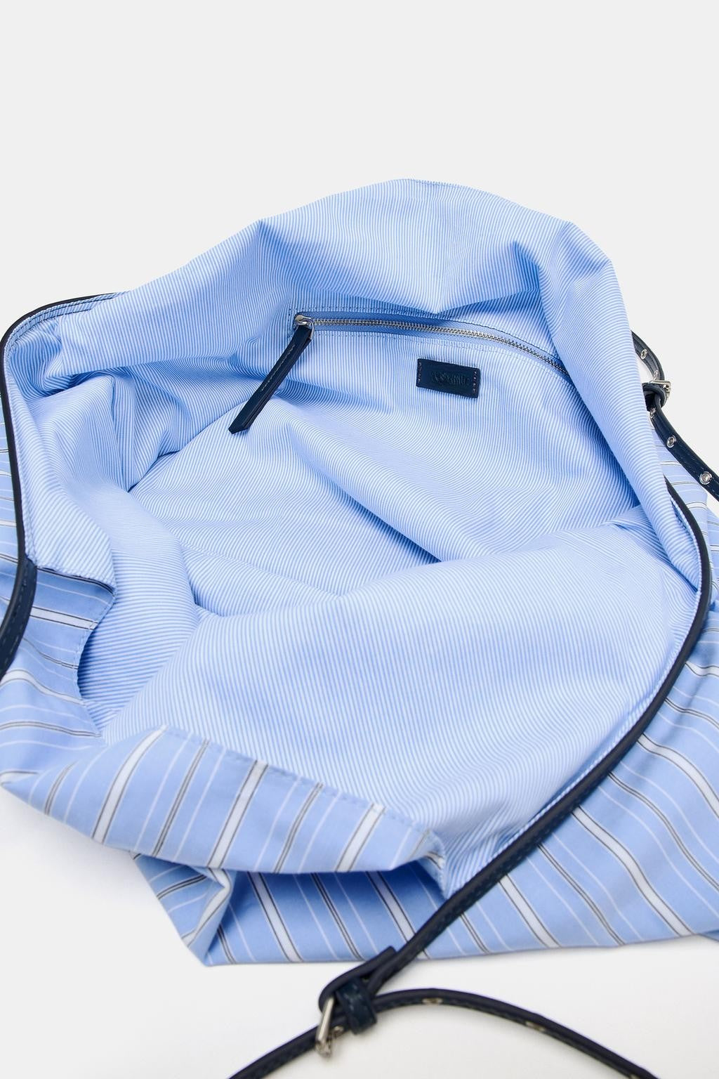 Light Blue Striped Everyday Tote Bag with Adjustable Dark Leather Shoulder Strap