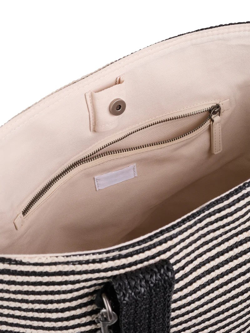 Stripe Multi-Pocket Daily Carry Tote Bag with Wide Shoulder Straps & Detachable Leather Tassel