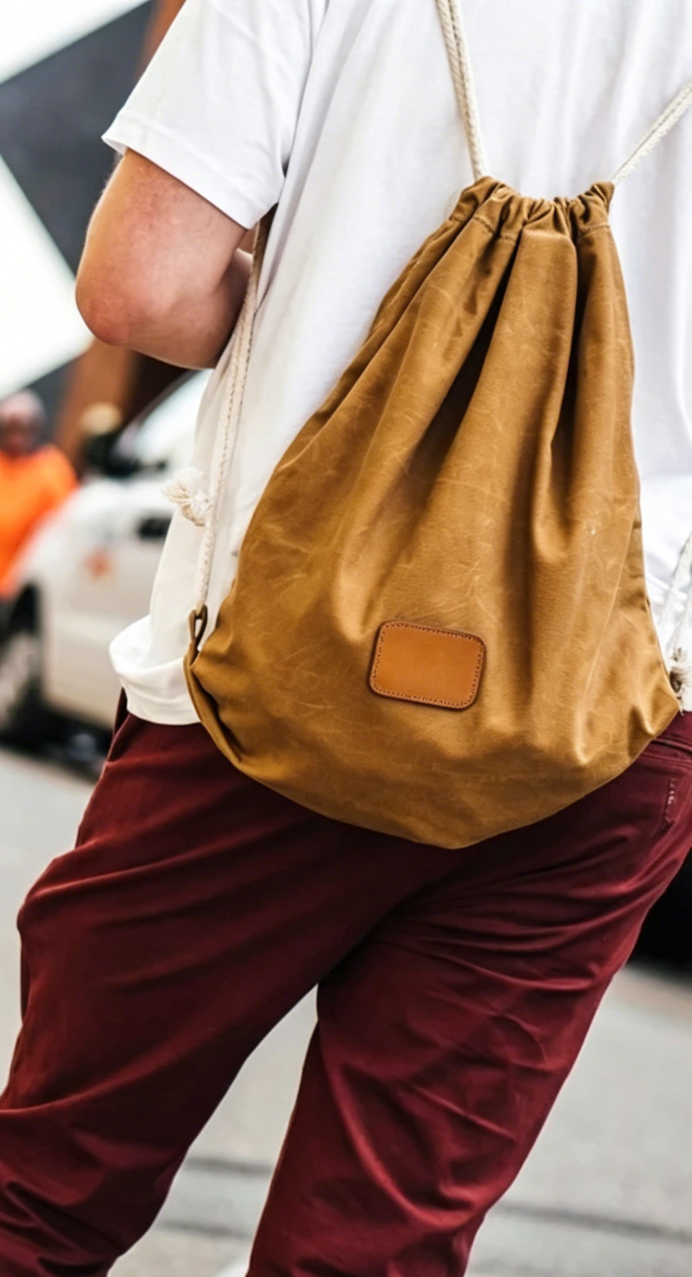 Vintage Tan Drawstring Carry Bag with Thick Rope Shoulder Cords