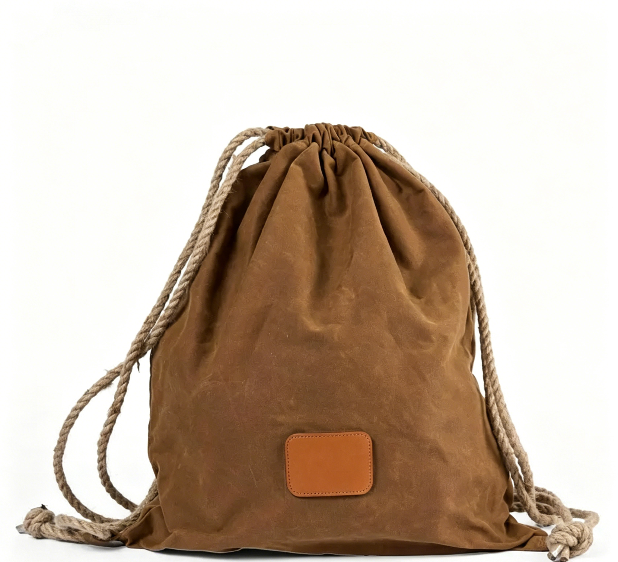Vintage Tan Drawstring Carry Bag with Thick Rope Shoulder Cords