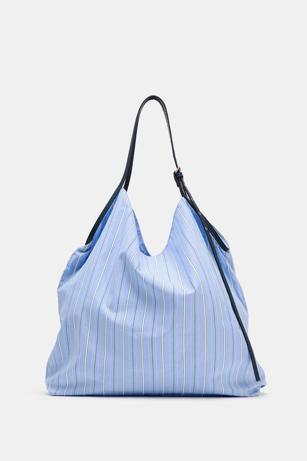 Light Blue Striped Everyday Tote Bag with Adjustable Dark Leather Shoulder Strap