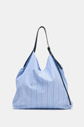 Light Blue Striped Everyday Tote Bag with Adjustable Dark Leather Shoulder Strap