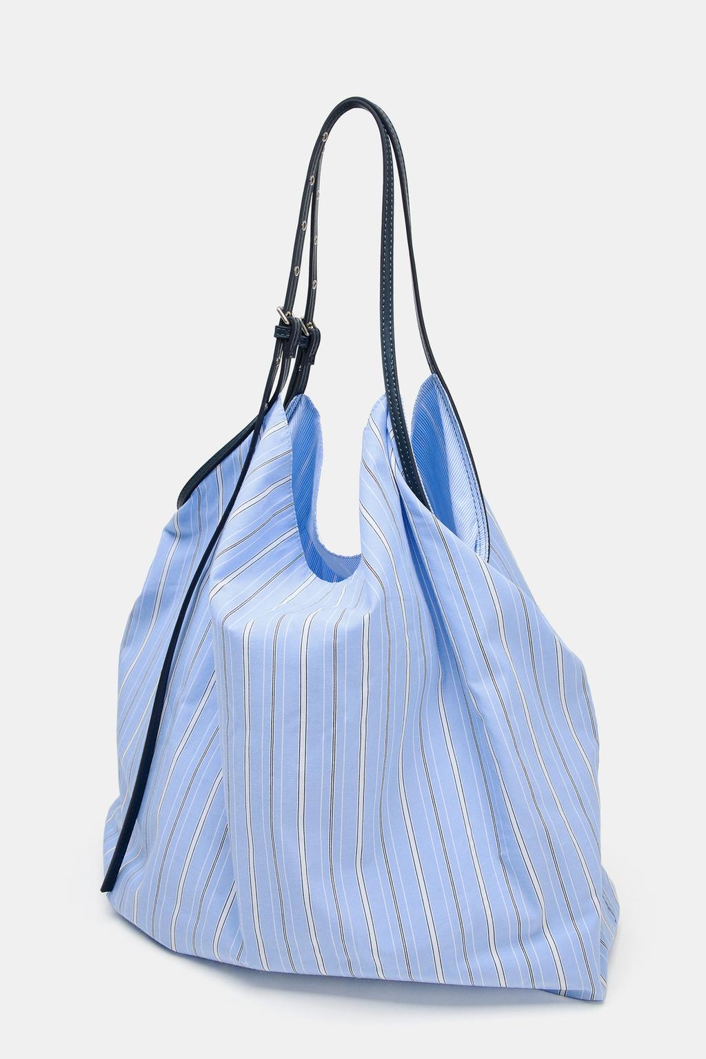 Light Blue Striped Everyday Tote Bag with Adjustable Dark Leather Shoulder Strap