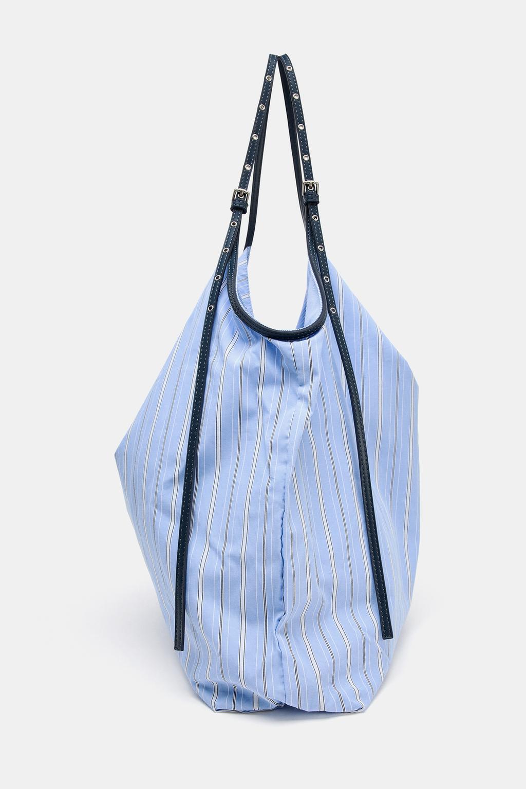 Light Blue Striped Everyday Tote Bag with Adjustable Dark Leather Shoulder Strap