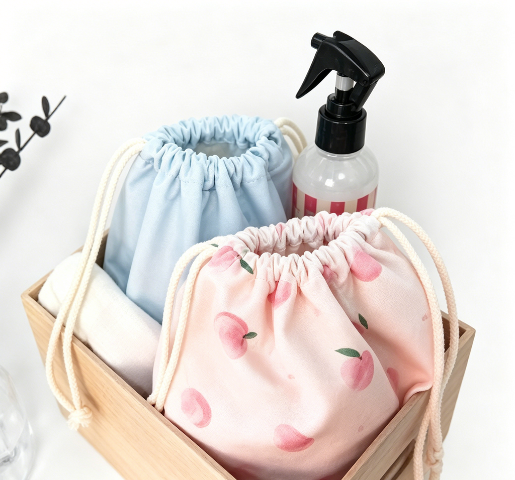 Pastel Fruit Print Drawstring Storage Bag with Knotted Rope Cord Closure