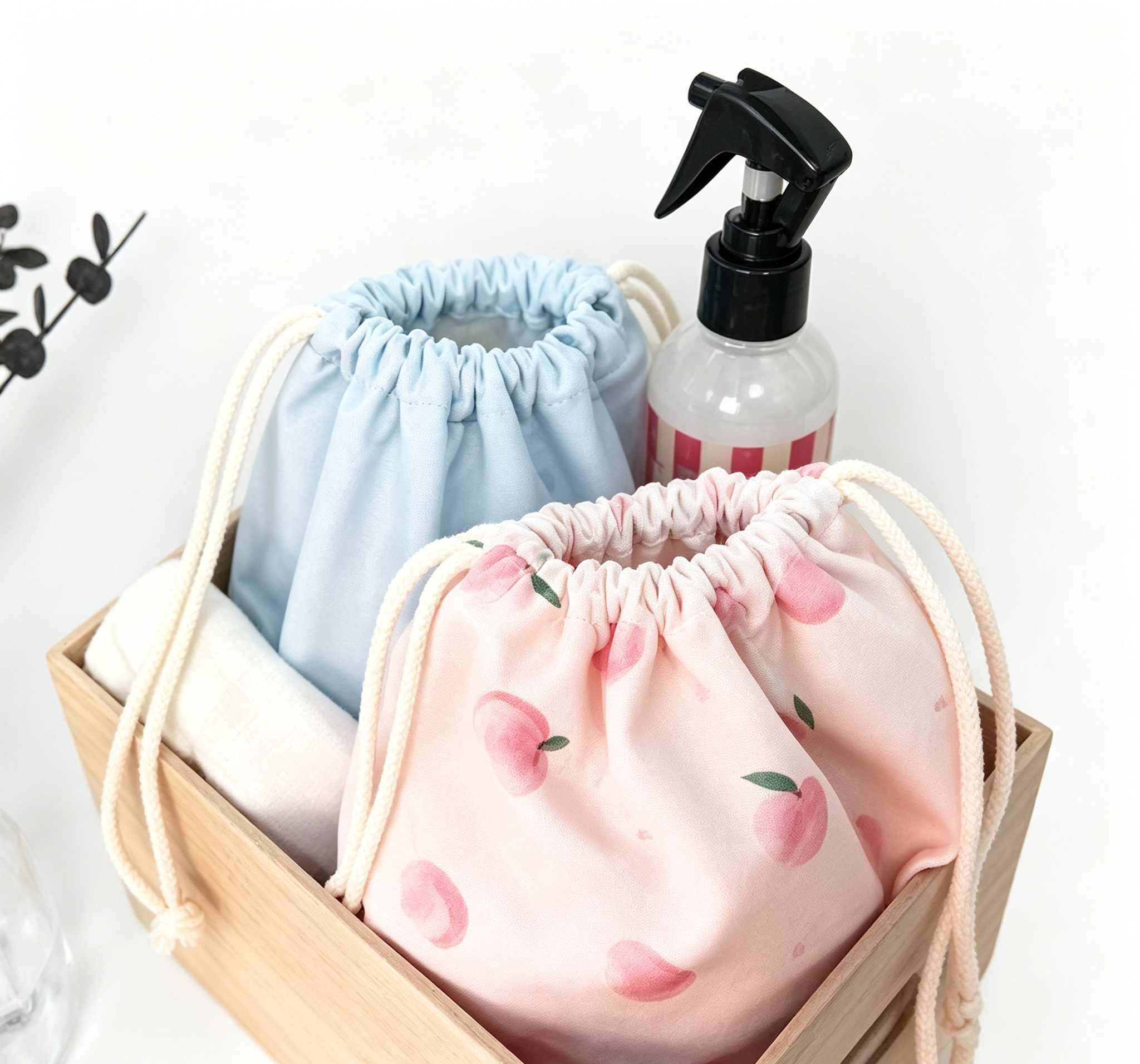 Pastel Fruit Print Drawstring Storage Bag with Knotted Rope Cord Closure