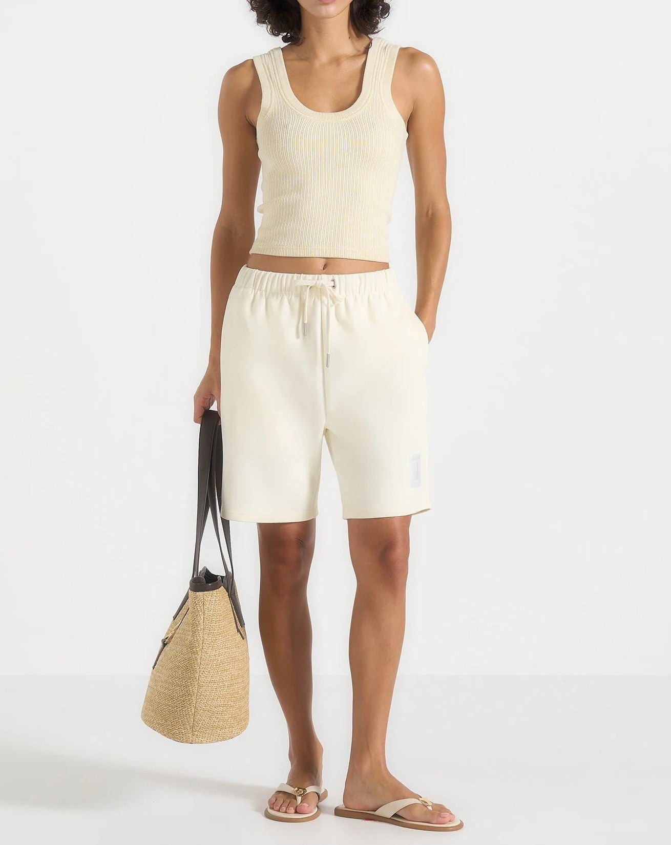 Woven Leather Trim Beach Tote Bag with Golden Tower Clasp