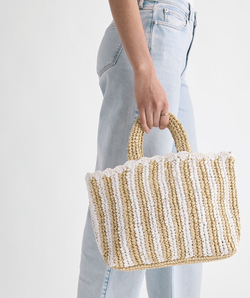 Striped Casual Tote Bag with Fabric Trim & Magnetic Snap Button