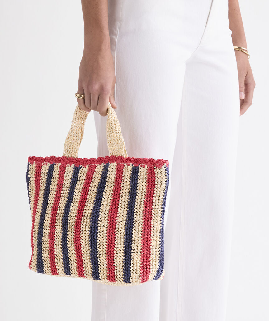 Striped Casual Tote Bag with Fabric Trim & Magnetic Snap Button