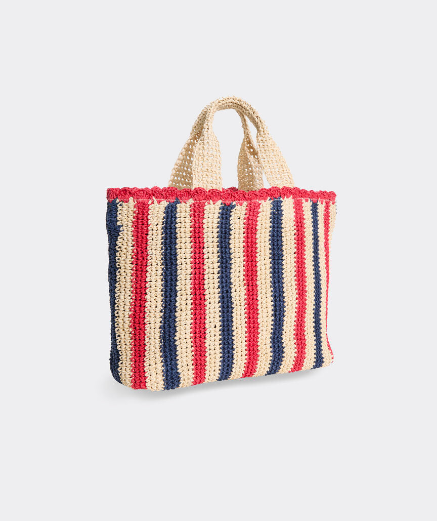 Striped Casual Tote Bag with Fabric Trim & Magnetic Snap Button