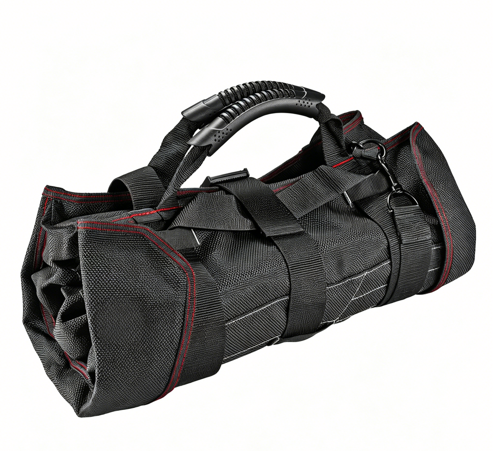 Black Roll-Up Tool Collector Bag with Rubber Handle & Buckle Strap Accessories