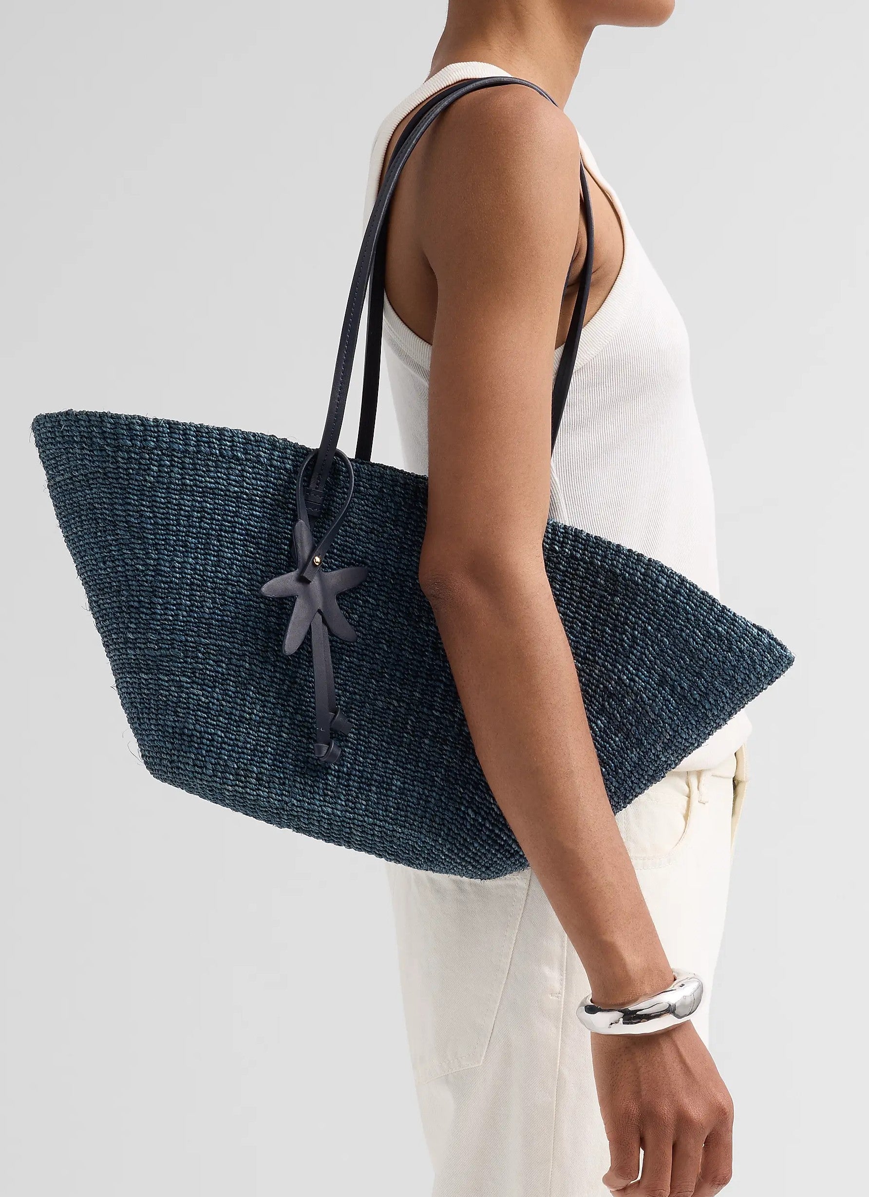 Deep Teal Woven Beach Tote Bag with Slim Leather Straps & Starfish Leather Charm