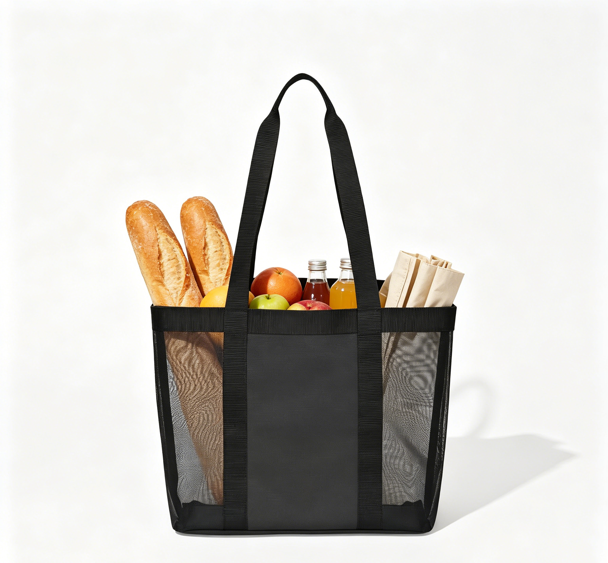 Reusable See-Through Mesh Grocery Bag with Long Woven Shoulder Straps