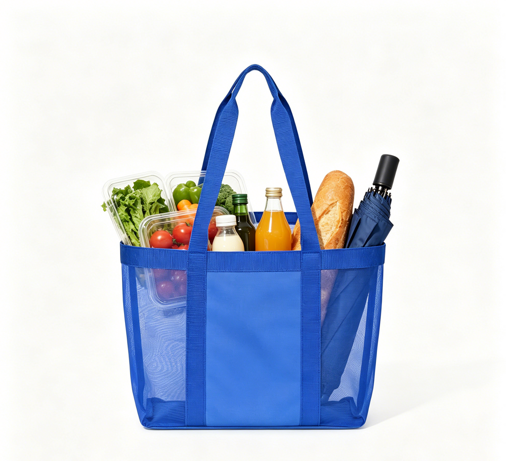 Reusable See-Through Mesh Grocery Bag with Long Woven Shoulder Straps