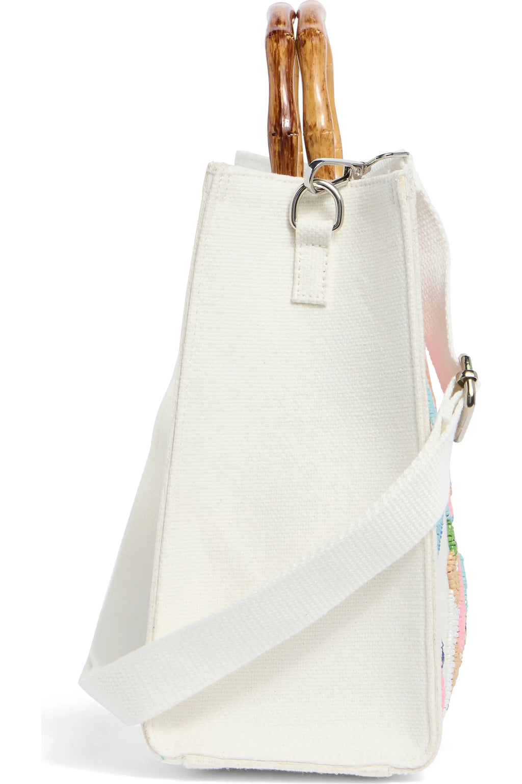 Off White Beaded Beach Commuter Bag with Dual Bamboo Ring Handles