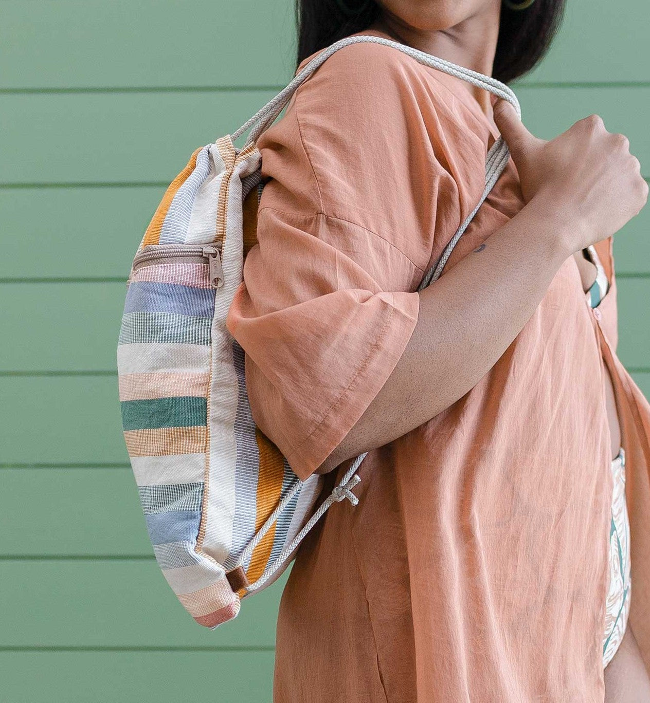 Multicolor Pastel Striped Drawstring Day Bag with Wooden Bead