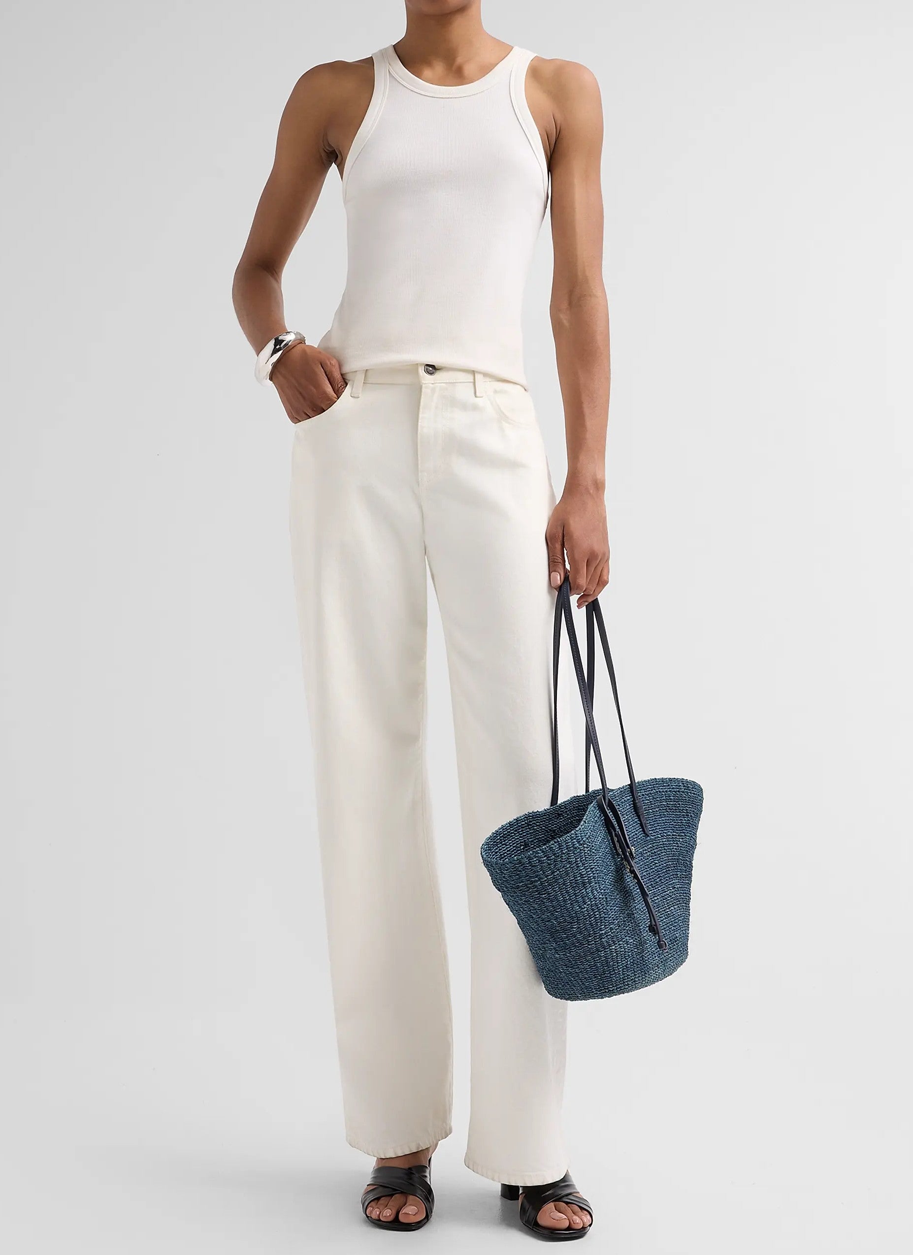 Deep Teal Woven Beach Tote Bag with Slim Leather Straps & Starfish Leather Charm