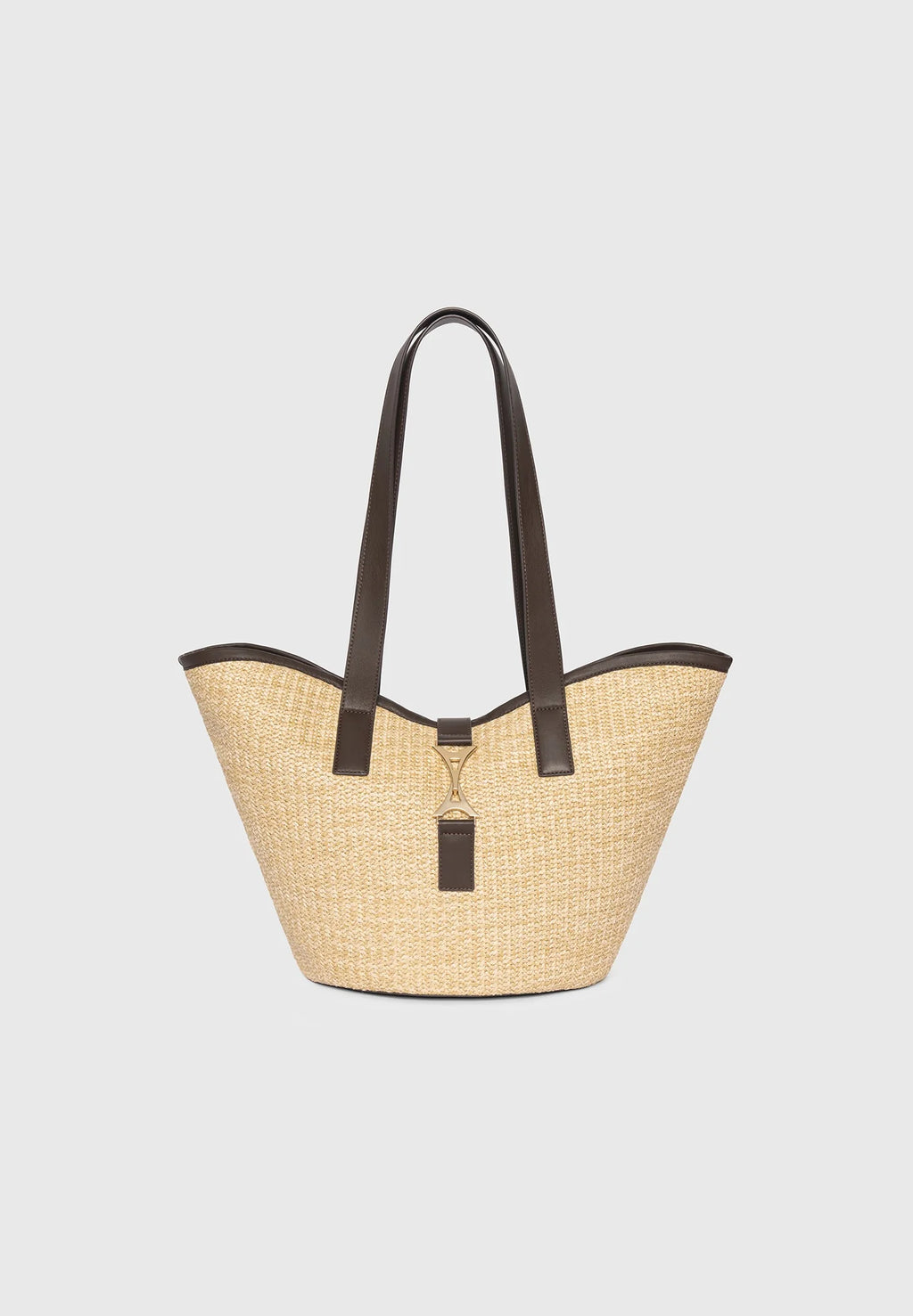 Woven Leather Trim Beach Tote Bag with Golden Tower Clasp