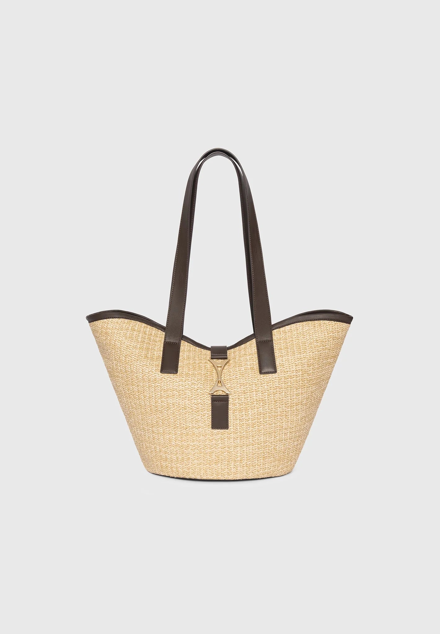 Woven Leather Trim Beach Tote Bag with Golden Tower Clasp