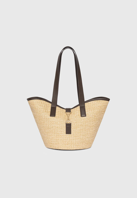 Woven Leather Trim Beach Tote Bag with Golden Tower Clasp