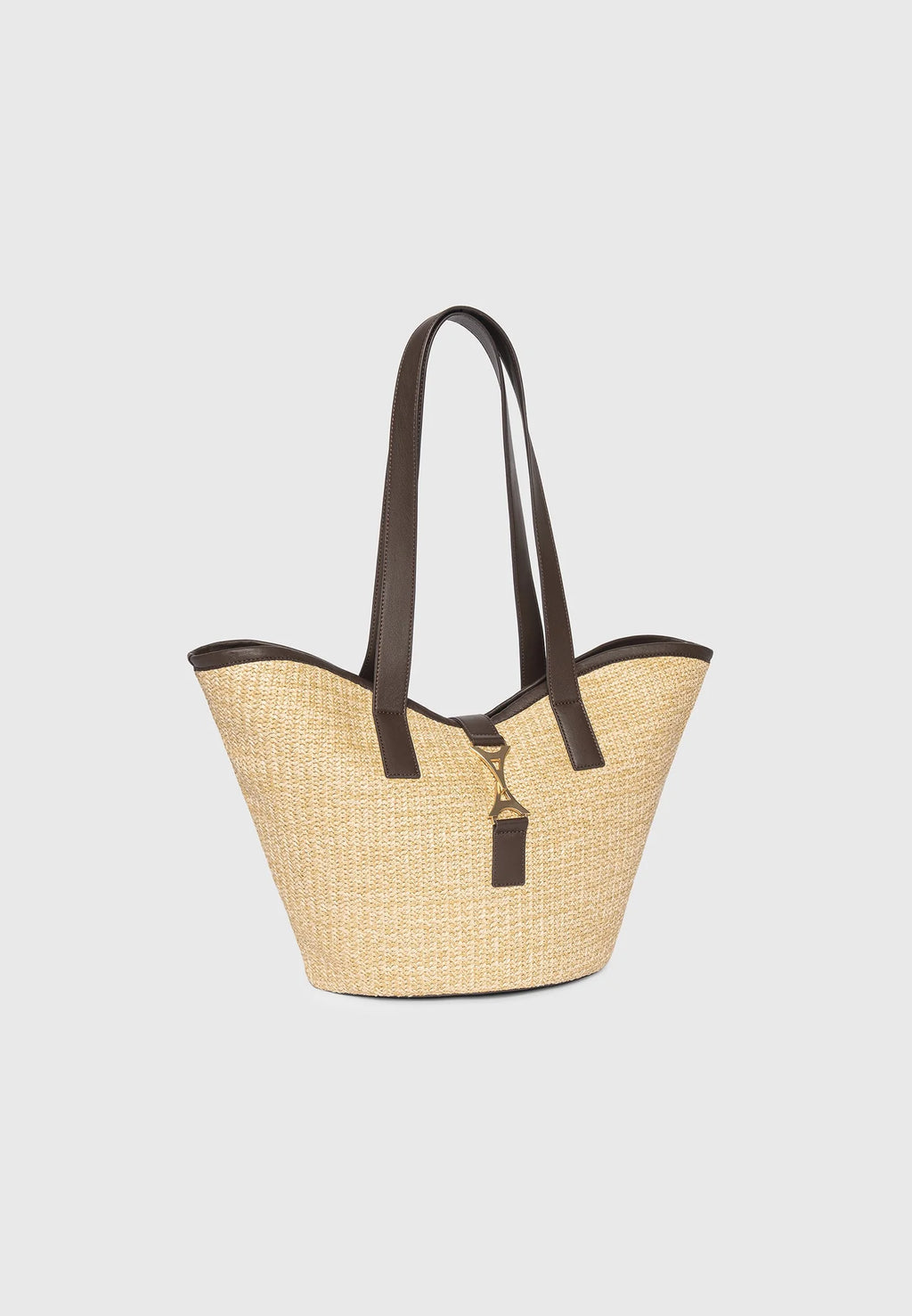 Woven Leather Trim Beach Tote Bag with Golden Tower Clasp