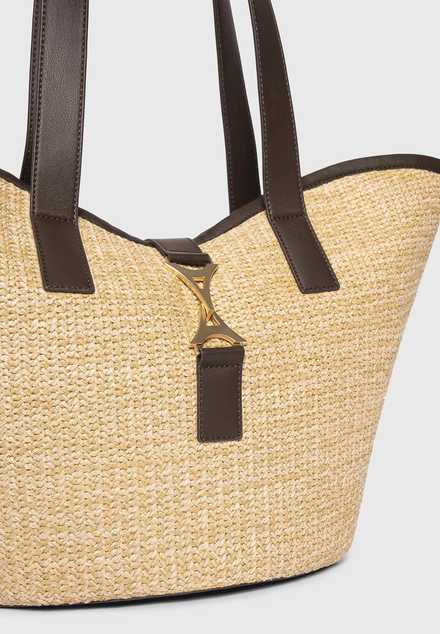 Woven Leather Trim Beach Tote Bag with Golden Tower Clasp