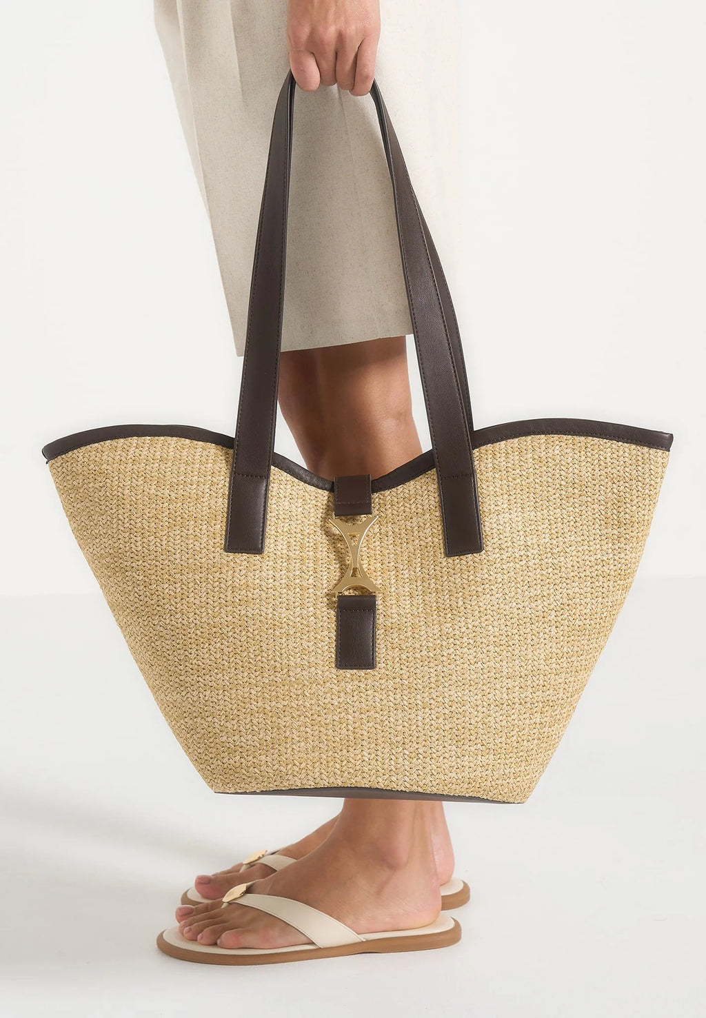 Woven Leather Trim Beach Tote Bag with Golden Tower Clasp