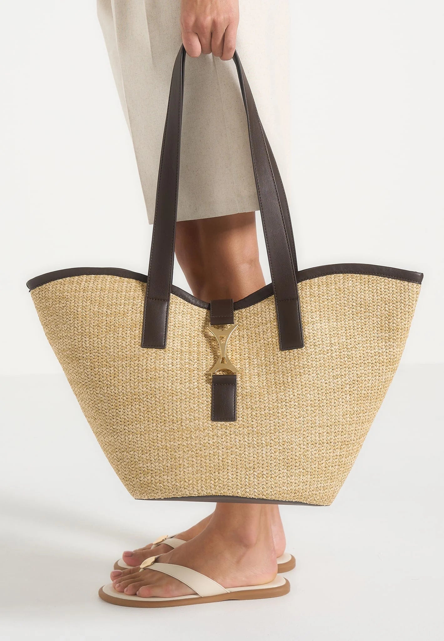Woven Leather Trim Beach Tote Bag with Golden Tower Clasp