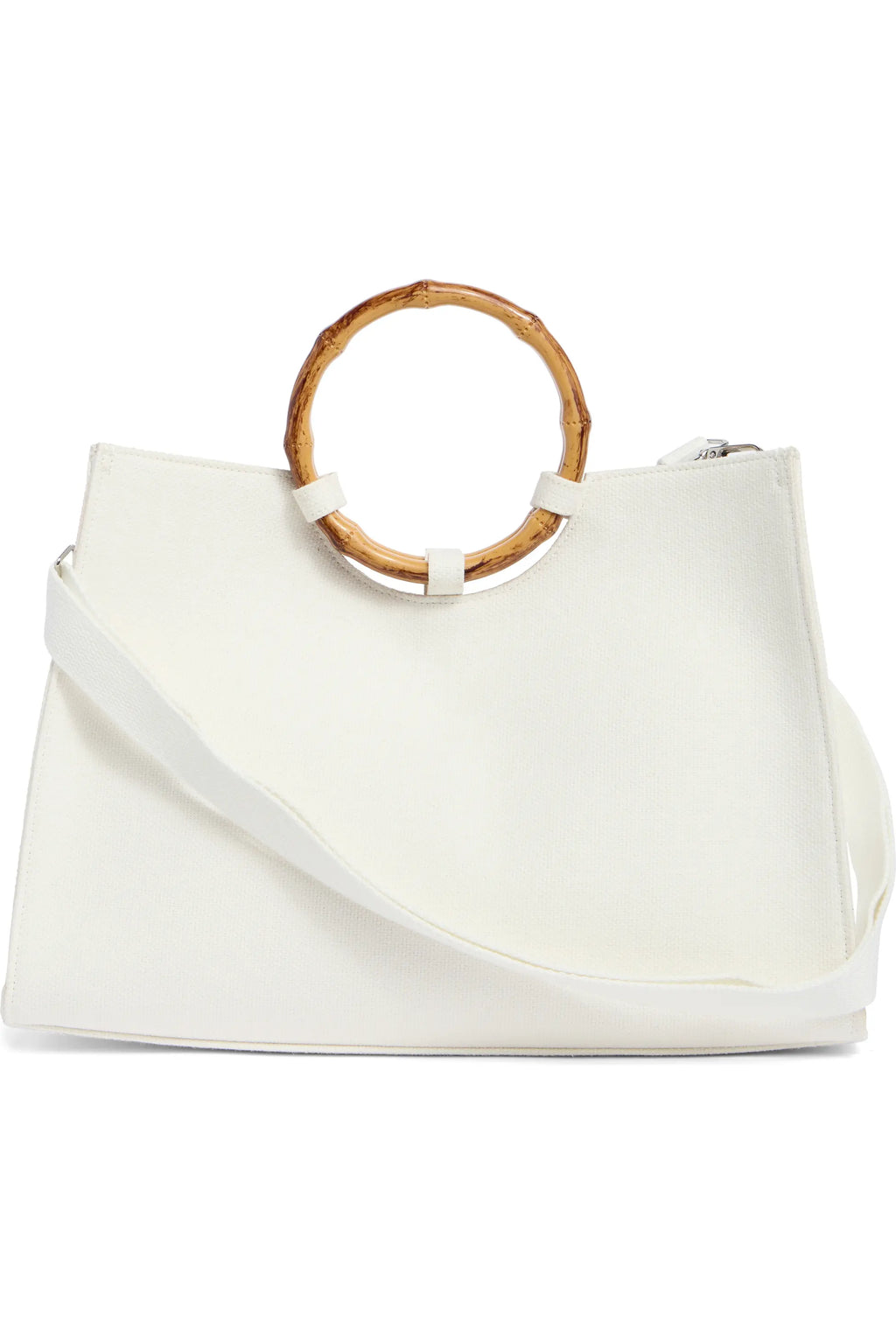 Off White Beaded Beach Commuter Bag with Dual Bamboo Ring Handles