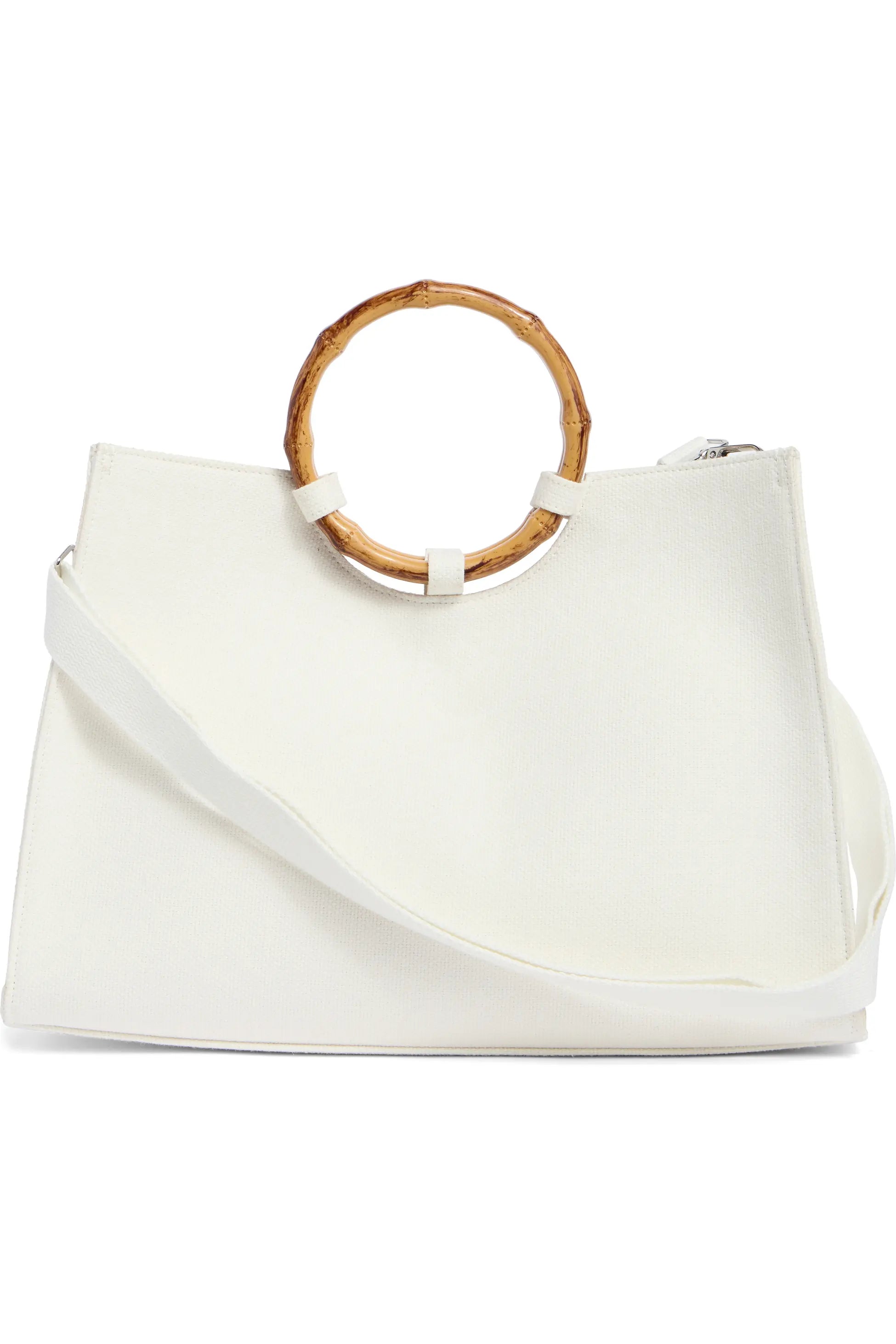 Off White Beaded Beach Commuter Bag with Dual Bamboo Ring Handles