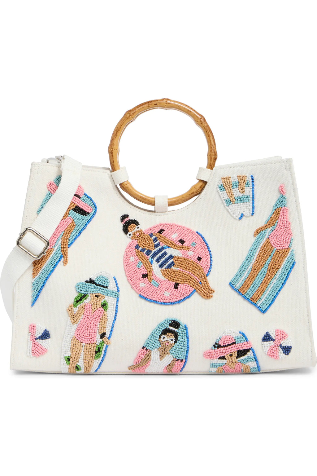 Off White Beaded Beach Commuter Bag with Dual Bamboo Ring Handles