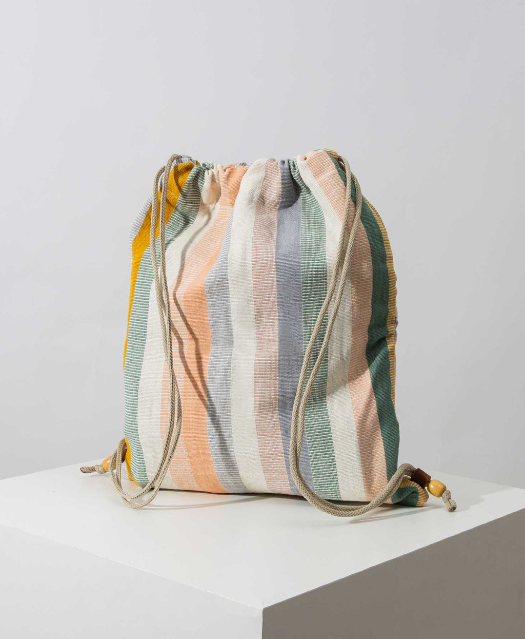 Multicolor Pastel Striped Drawstring Day Bag with Wooden Bead