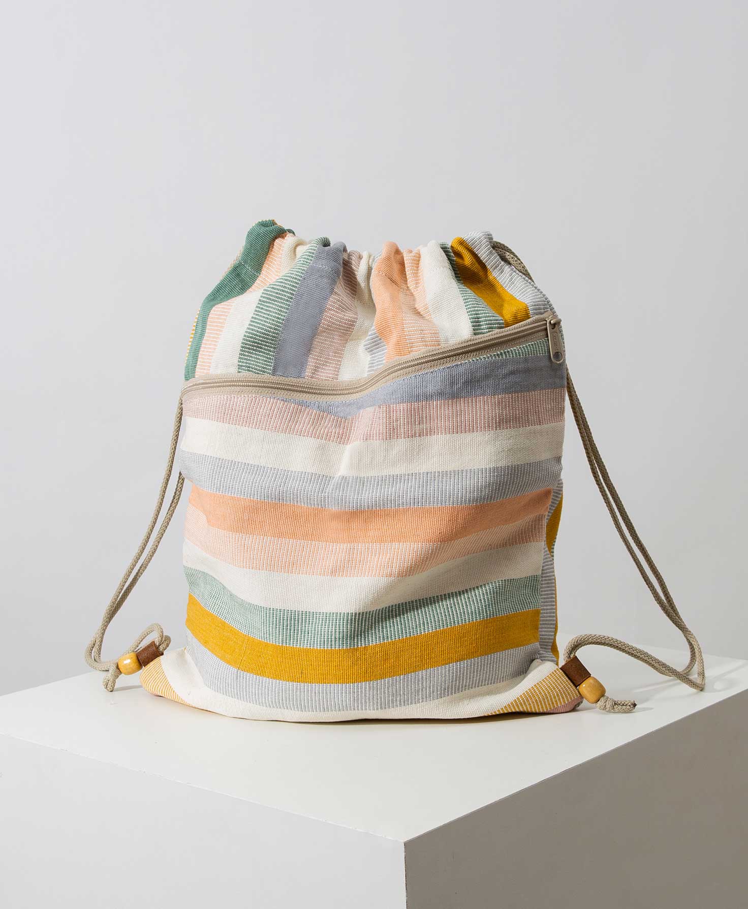 Multicolor Pastel Striped Drawstring Day Bag with Wooden Bead