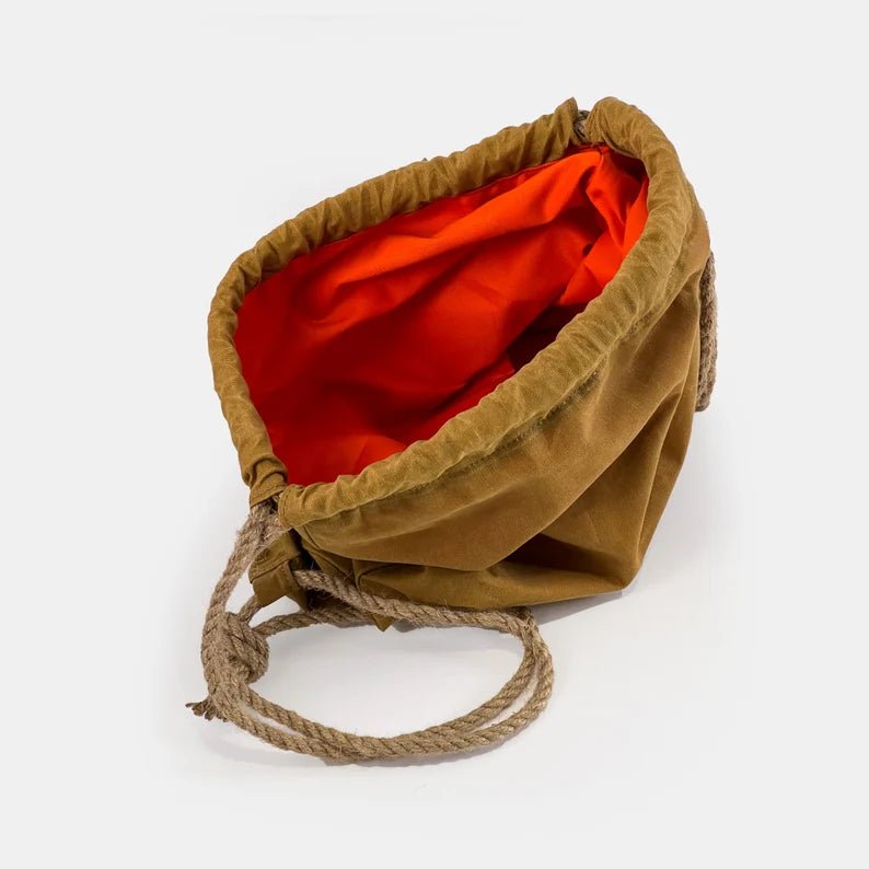 Vintage Tan Drawstring Carry Bag with Thick Rope Shoulder Cords
