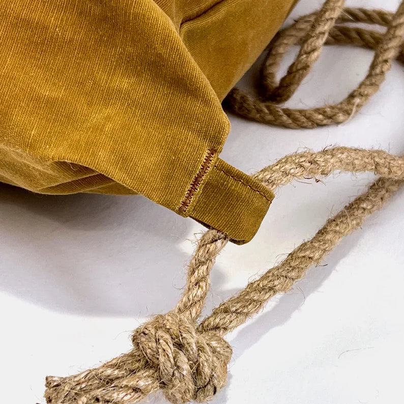 Vintage Tan Drawstring Carry Bag with Thick Rope Shoulder Cords
