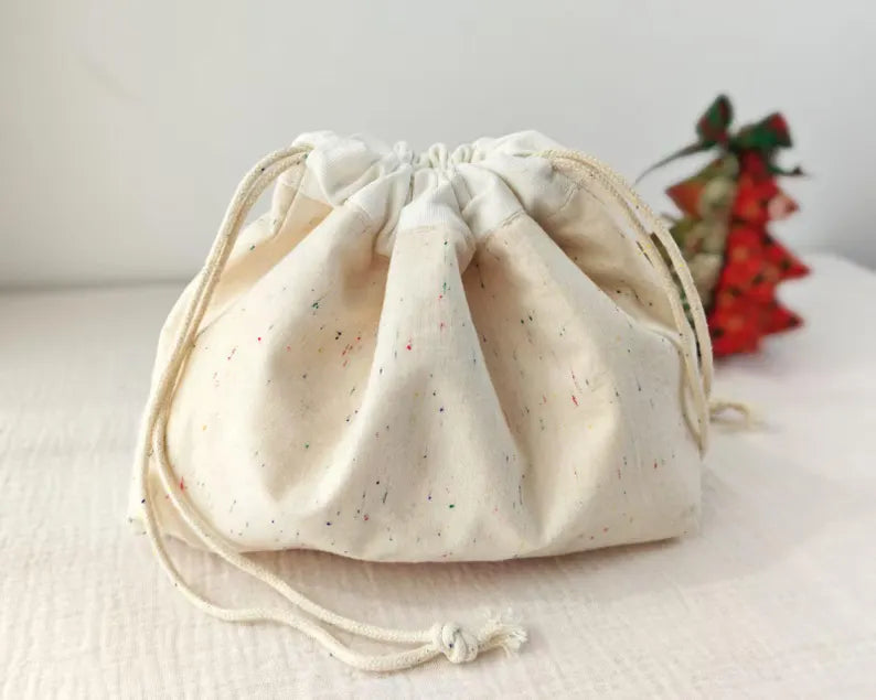 Off-White Speckled Drawstring Storage Bag with Knotted Rope Drawcord Accessories