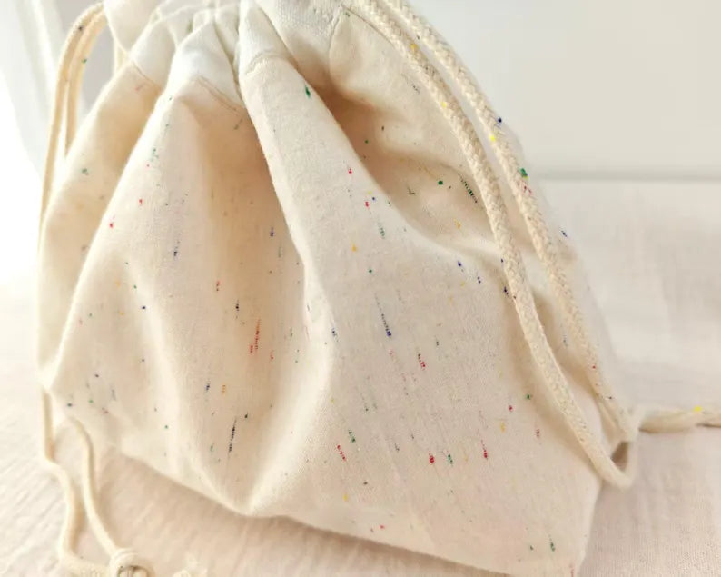 Off-White Speckled Drawstring Storage Bag with Knotted Rope Drawcord Accessories