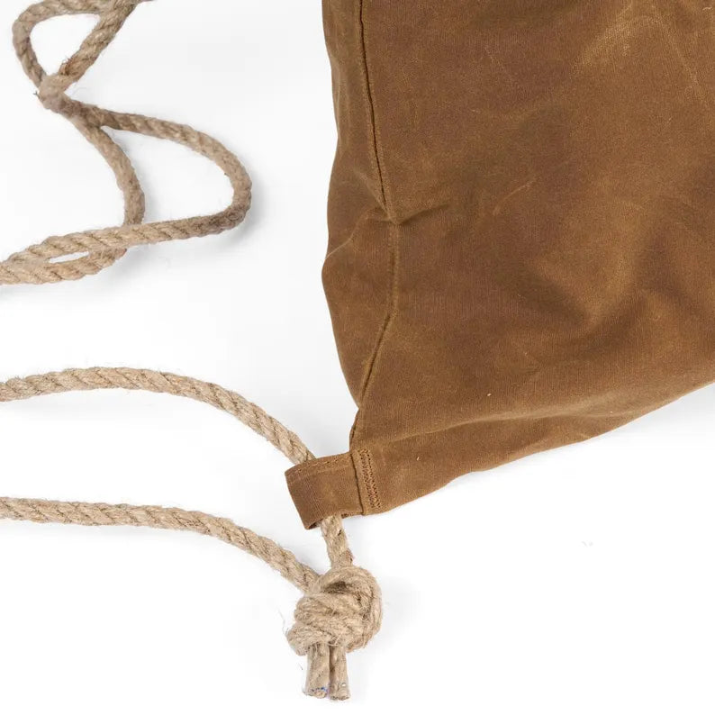 Vintage Tan Drawstring Carry Bag with Thick Rope Shoulder Cords